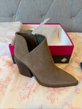 Vince Camuto Suede Pointed-Toe Cutout Ankle Boot in Taupe